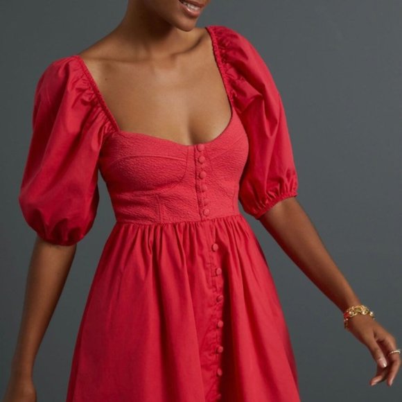 Anthropologie Dresses & Skirts - Maeve - Anthropologie Sweetheart, Puff Sleeve, Smocked Mini Dress, Cherry Red, L